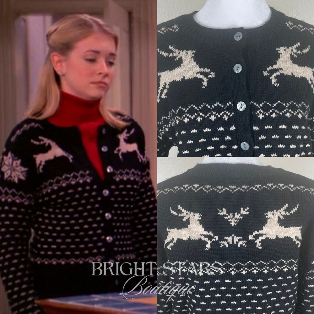Rare Reindeer Cardigan ASO Sabrina The Teenage Witch Black Cream Vintage Holiday - Picture 3 of 11